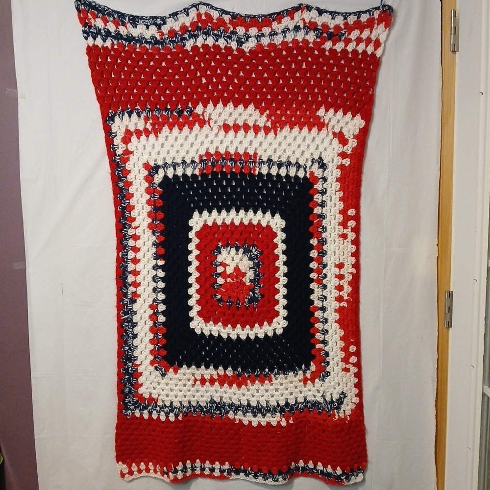 Crochet Blanket Lap Throw Patriotic‎ Red White & Blue, 54" X 30" Handmade